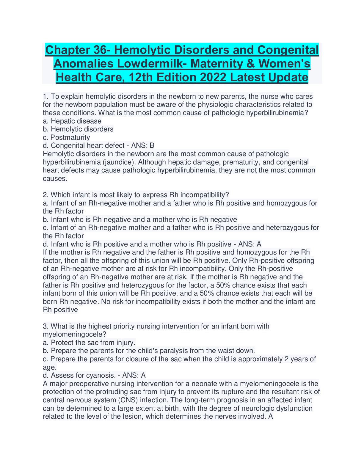 Preview of Chapter 36- Hemolytic Disorders and Congenital  Anomalies Lowdermilk- Maternity & Women's